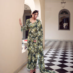 Mehandi Color Floral Printed With Peral Lace Border Weightless Marbal Saree