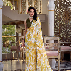 Yellow Color Floral Print With Peral Lace Border Weightless Marbal Saree