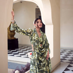 Mehandi Color Floral Printed With Peral Lace Border Weightless Marbal Saree