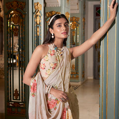 Off White Color Printed With Pearl Lace Border Georgette Saree
