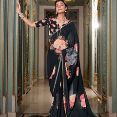 Black Color Printed With Peral Lace Border Georgette Saree