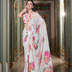 White Color Printed With Pearl Lace Border Georgette Saree