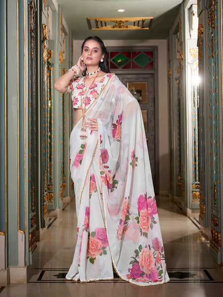 White Color Printed With Pearl Lace Border Georgette Saree