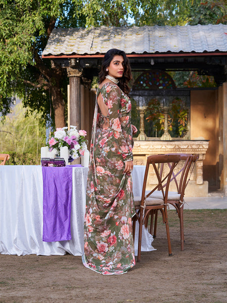 Mehandi Color Printed With Peral Lace Border Weightless Marbal