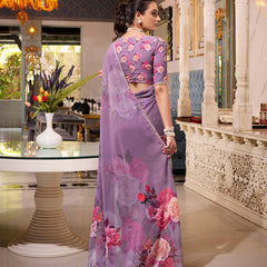 Grey Color Printed With Pearl Lace Border Georgette Saree