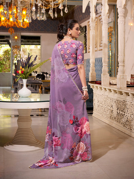 Grey Color Printed With Pearl Lace Border Georgette Saree