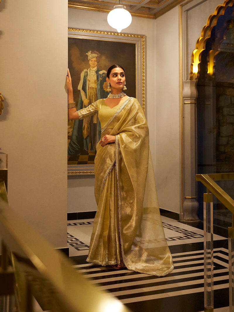 Gold Color Zari Weaving Work With Sequins Border Tissue Shimmer Saree