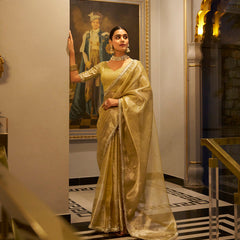 Gold Color Zari Weaving Work With Sequins Border Tissue Shimmer Saree