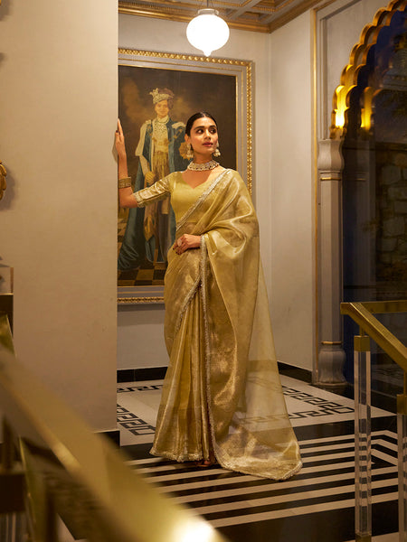 Gold Color Zari Weaving Work With Sequins Border Tissue Shimmer Saree