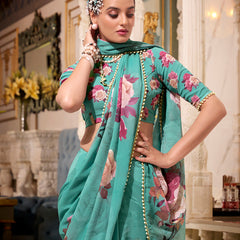 Green Color Printed With Pearl Lace Border Georgette Saree