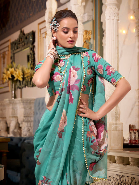 Green Color Printed With Pearl Lace Border Georgette Saree