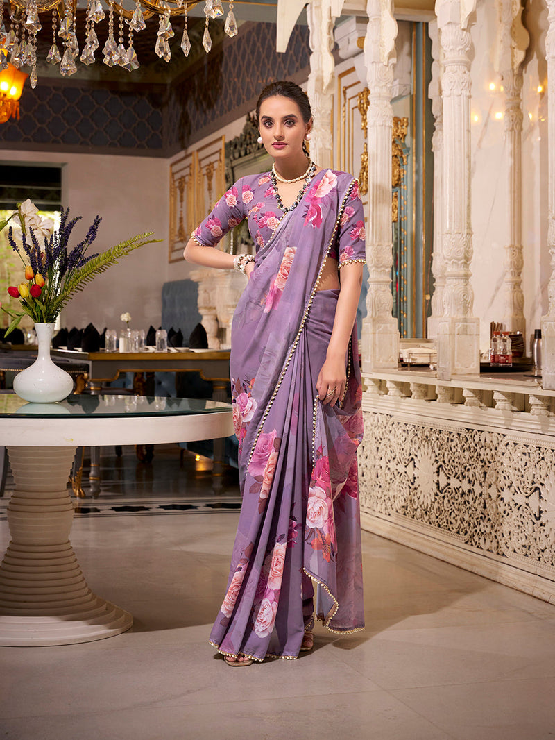 Grey Color Printed With Pearl Lace Border Georgette Saree