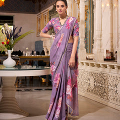 Grey Color Printed With Pearl Lace Border Georgette Saree