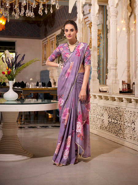 Grey Color Printed With Pearl Lace Border Georgette Saree