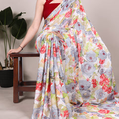Grey Color Floral Printed Dull Satin Silk Saree