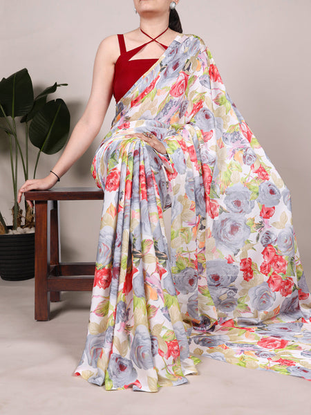 Grey Color Floral Printed Dull Satin Silk Saree