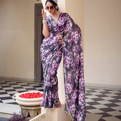 Grey Color Floral Printed With Peral Lace Border Weightless Marbal Saree