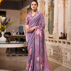 Grey Color Printed With Pearl Lace Border Georgette Saree
