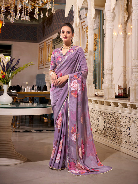 Grey Color Printed With Pearl Lace Border Georgette Saree