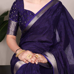 Navy Blue Color Self Printed With Zari Weaving Work Chinon Saree