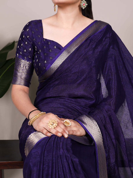 Navy Blue Color Self Printed With Zari Weaving Work Chinon Saree