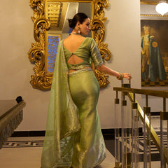 Pista Color Zari Weaving Work With Sequins Border Tissue Shimmer Saree