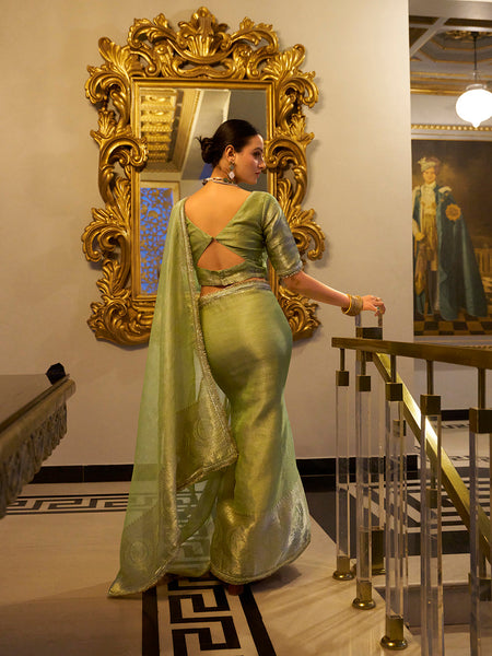 Pista Color Zari Weaving Work With Sequins Border Tissue Shimmer Saree