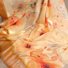 Cream Color Tussar Silk With Viscos Border Floral Printed Saree