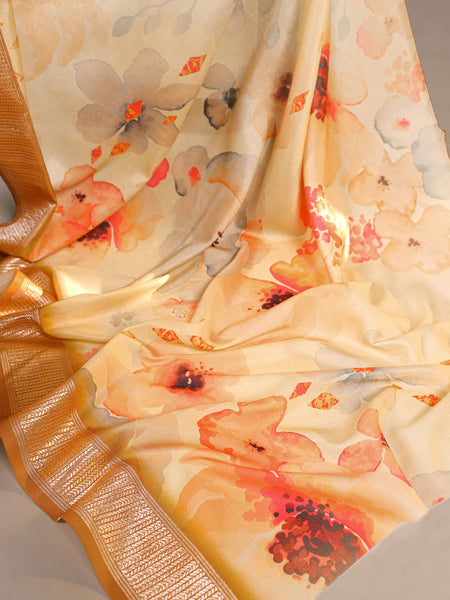Cream Color Tussar Silk With Viscos Border Floral Printed Saree