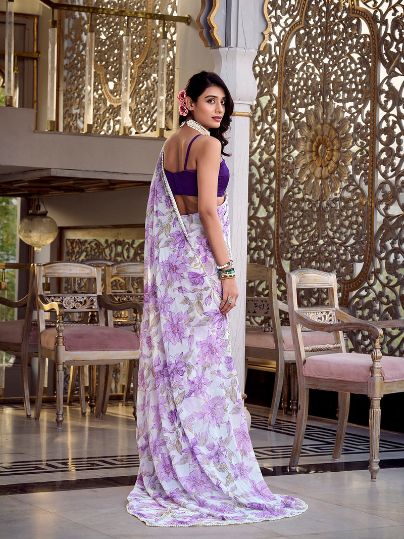Lavender Color Floral Print With Peral Lace Border Weightless Marbal Saree