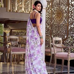 Lavender Color Floral Print With Peral Lace Border Weightless Marbal Saree