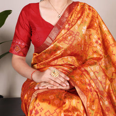 Orange Color Patola Print With Zari Weaving Work Jacquard Silk Saree
