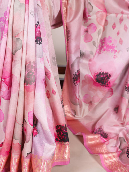 Pink Color Printed Tussar Silk With Viscose Border Saree