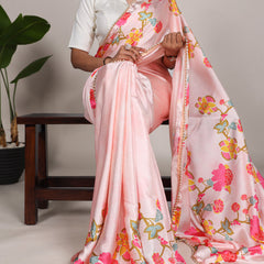 Peach Color Floral Print With Peral Lace Border Satin Silk Saree