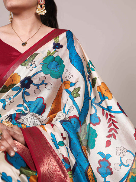 Off White Color Printed With Zari Weaving Work Tussar Silk Saree