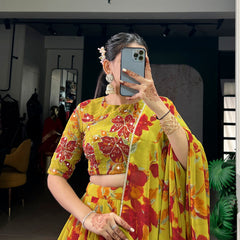 Olive Yellow Color Floral Printed Marbel Chaniya Choli