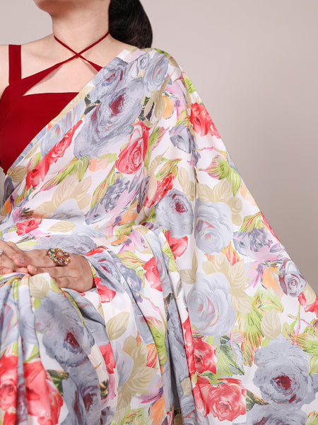Grey Color Floral Printed Dull Satin Silk Saree