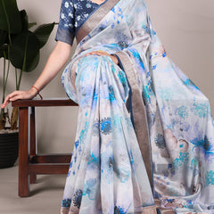 Sky Blue  Color Tussar Silk With Viscos Border Floral Printed Saree
