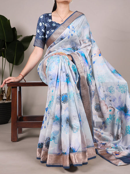 Sky Blue  Color Tussar Silk With Viscos Border Floral Printed Saree