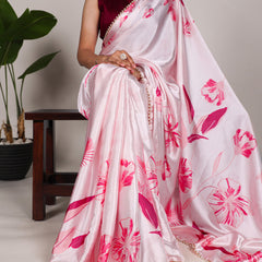 Light Pink Color Floral Print With Peral Lace Border Satin Silk Saree
