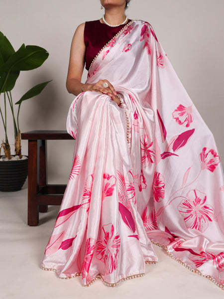 Light Pink Color Floral Print With Peral Lace Border Satin Silk Saree