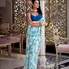 Sky Blue Color Floral Print With Peral Lace Border Weightless Marbal Saree