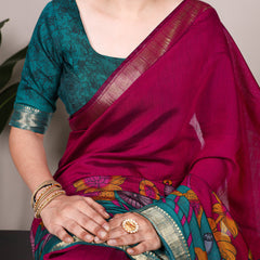 Pink Color Tradition Floral Printed With Zari Weaving Work Viscose Chanderi Saree