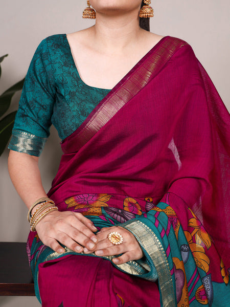 Pink Color Tradition Floral Printed With Zari Weaving Work Viscose Chanderi Saree