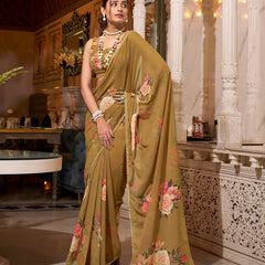 Brown Color Printed With Peral Lace Border Georgette Saree