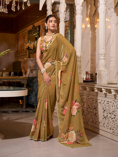 Brown Color Printed With Peral Lace Border Georgette Saree