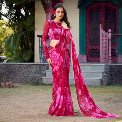 Pink Color Floral Printed Pearl Lace Border Chiffon Saree