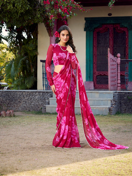 Pink Color Floral Printed Pearl Lace Border Chiffon Saree