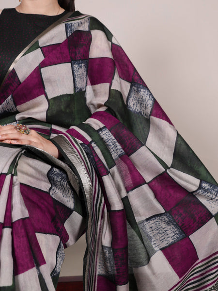 Green Color Printed With Temple Border Polyester Viscose Chanderi Saree