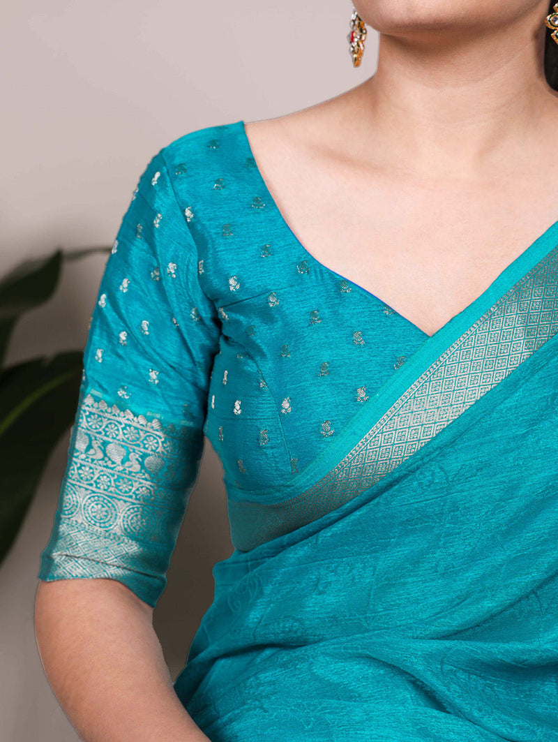 Firozi Color Self Printed With Zari Weaving Work Chinon Saree